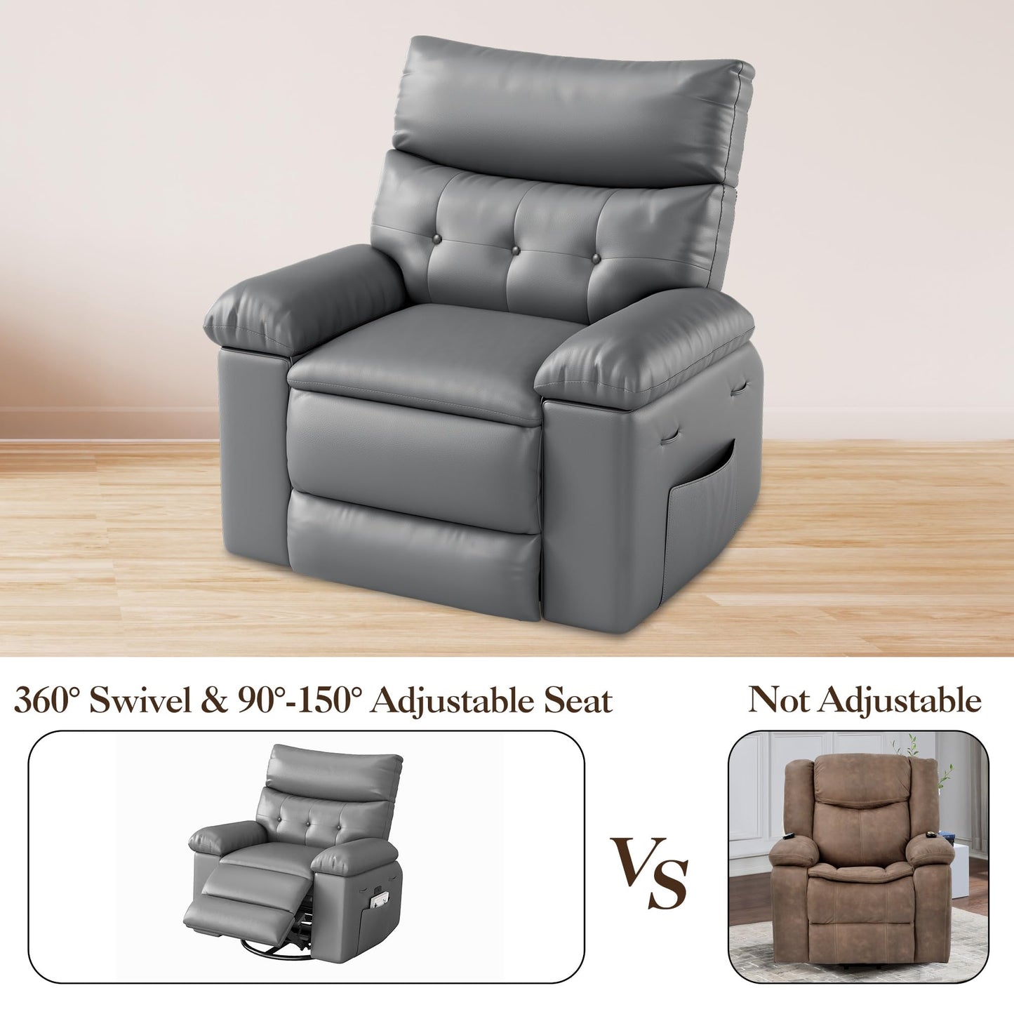 Takywep PU leather electric rocker recliner, 270° swivel, massage function, side pocket storage.