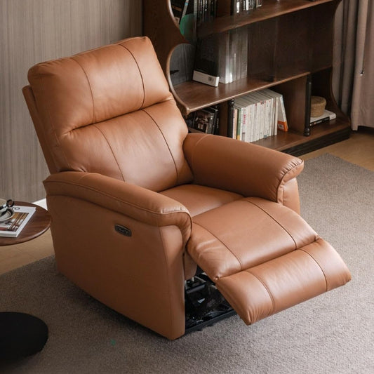 GVAwood genuine leather electric recliner chair, compact sofa-style recliner in brown leather finish.