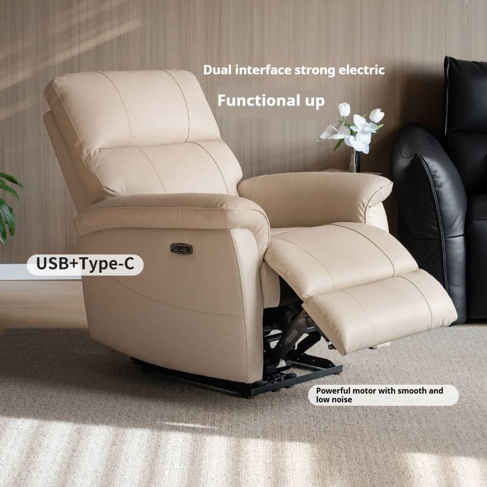 GVAwood genuine leather electric recliner chair, compact sofa-style recliner in brown leather finish.