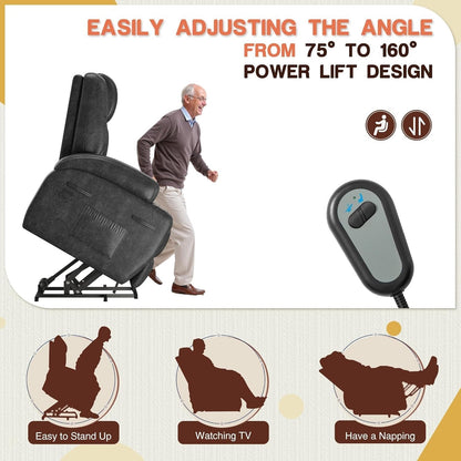 Leather power lift recliner chair with massage, heat, cup holders, remote control & USB ports.