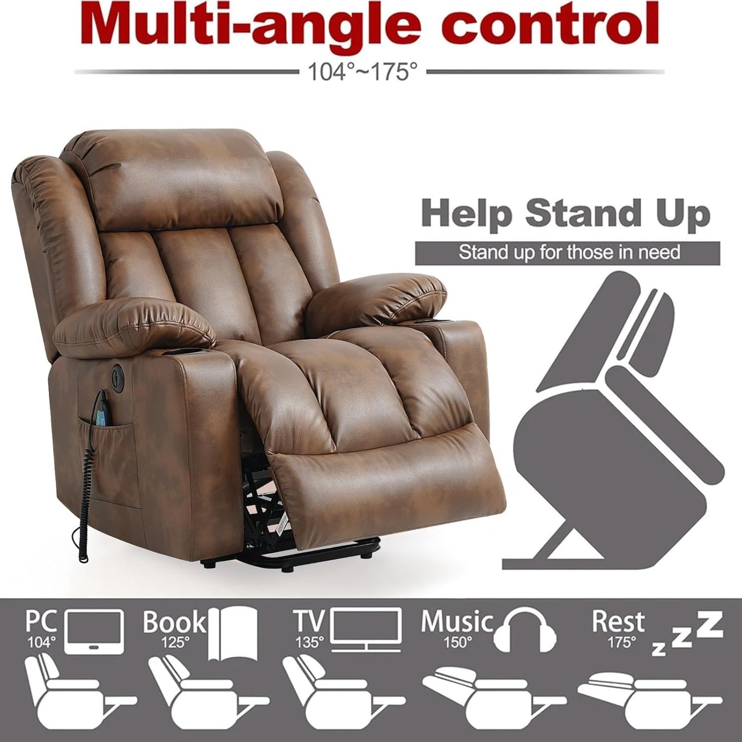 UOPYNE big & tall lift recliner, extended footrest, heat & massage, wide comfort seat.
