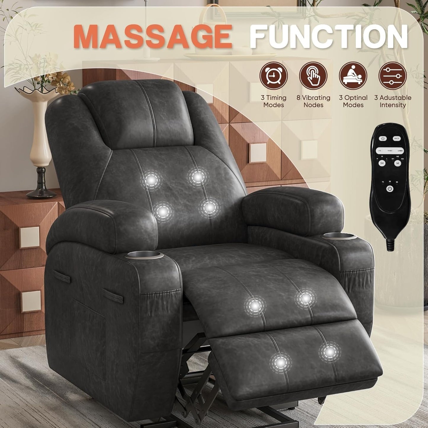 Leather power lift recliner chair with massage, heat, cup holders, remote control & USB ports.