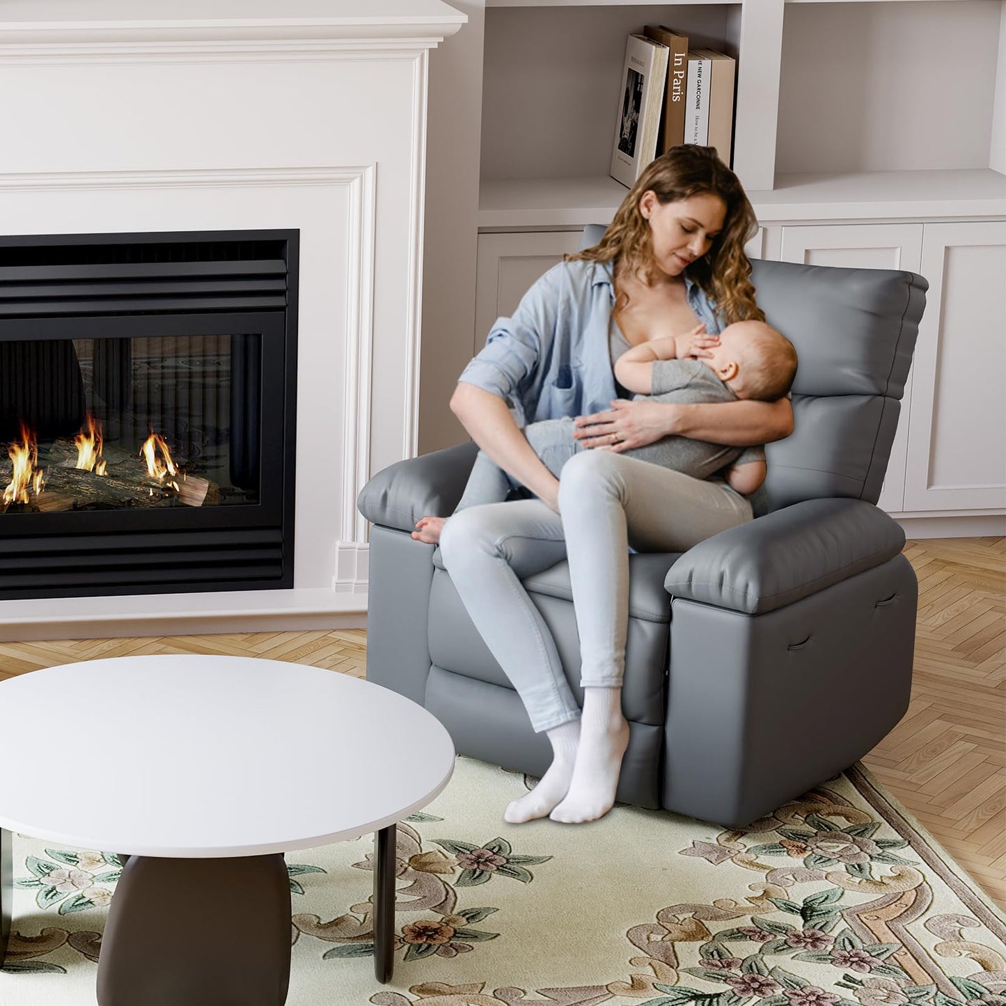 Takywep PU leather electric rocker recliner, 270° swivel, massage function, side pocket storage.
