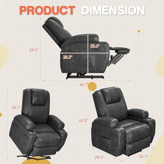 Leather power lift recliner chair with massage, heat, cup holders, remote control & USB ports.