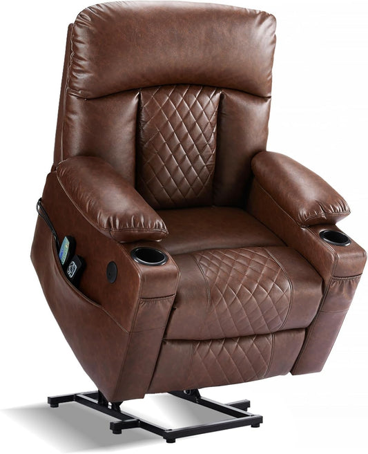 UOPYNE power lift recliner for elderly, dual motor, heat & vibration massage, leather electric chair with USB-C ports.