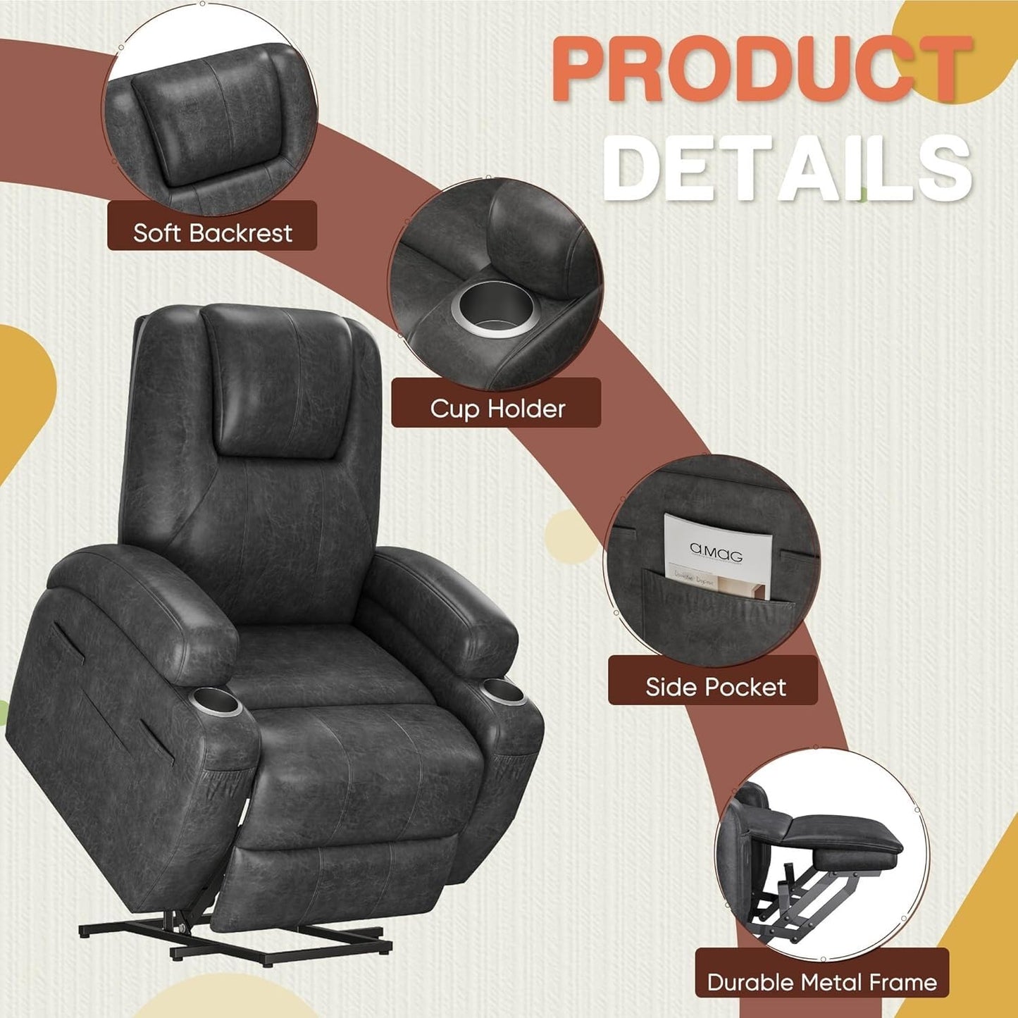 Leather power lift recliner chair with massage, heat, cup holders, remote control & USB ports.