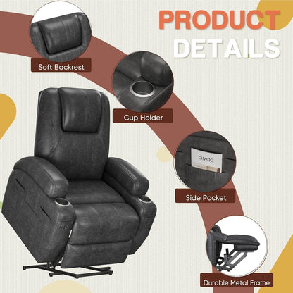 Leather power lift recliner chair with massage, heat, cup holders, remote control & USB ports.