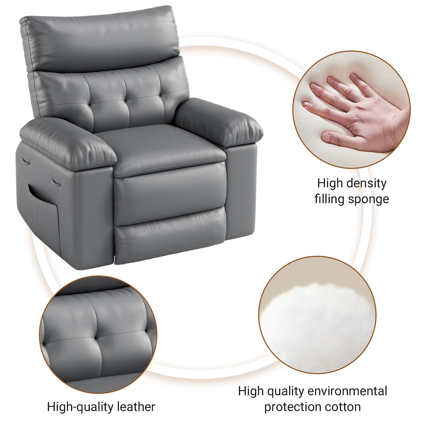 Takywep PU leather electric rocker recliner, 270° swivel, massage function, side pocket storage.