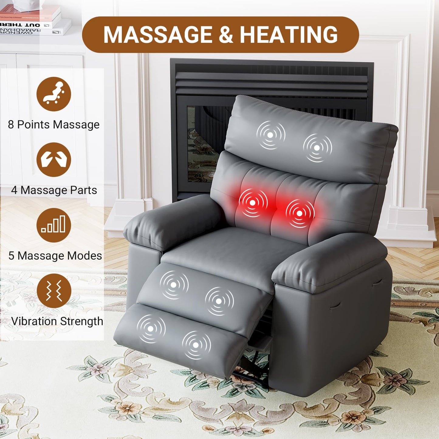 Takywep PU leather electric rocker recliner, 270° swivel, massage function, side pocket storage.