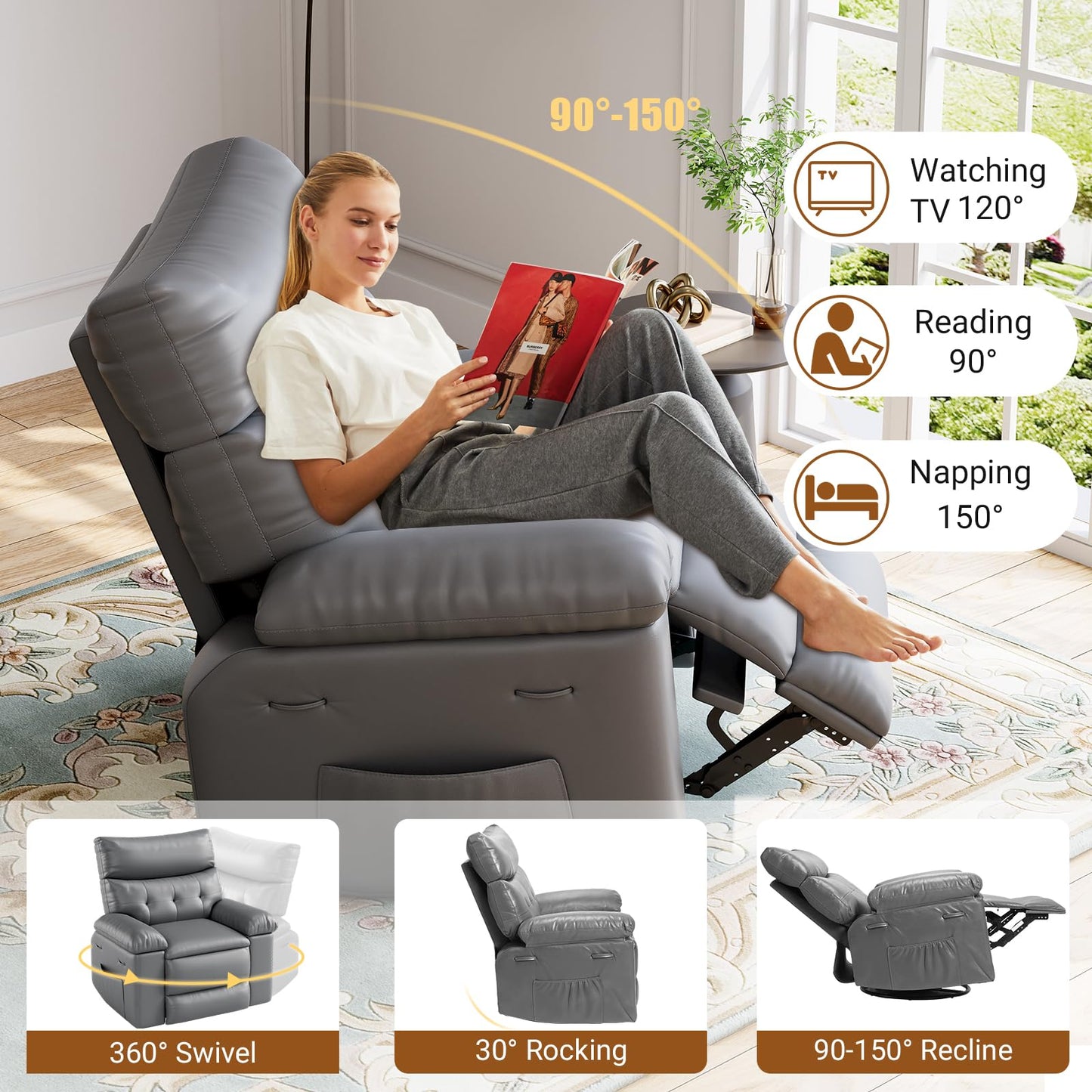 Takywep PU leather electric rocker recliner, 270° swivel, massage function, side pocket storage.