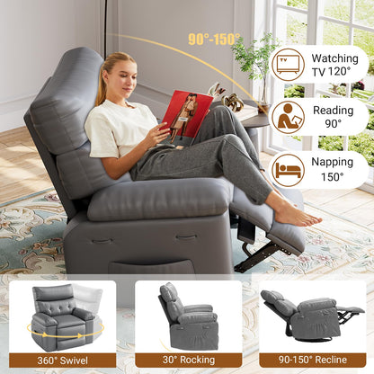 Takywep PU leather electric rocker recliner, 270° swivel, massage function, side pocket storage.
