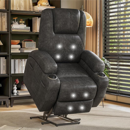 Leather power lift recliner chair with massage, heat, cup holders, remote control & USB ports.